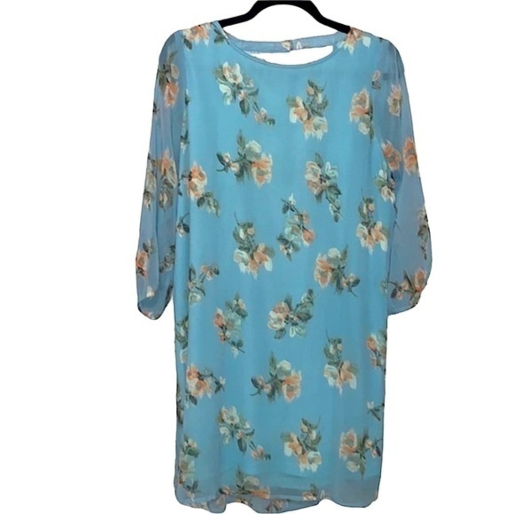 Staccato Blue Floral Shift Dress Size Large Long Sleeve Round Neck Chiffon